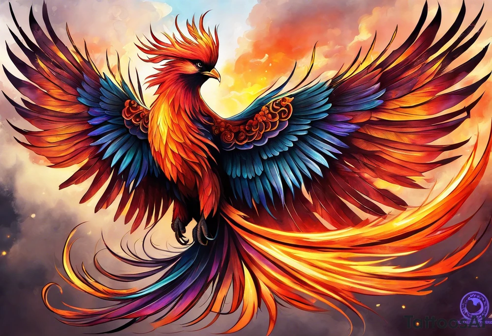 russian firebird phoenix in-flight with very long fancy tail "Isaiah 43: 18-19" tattoo idea