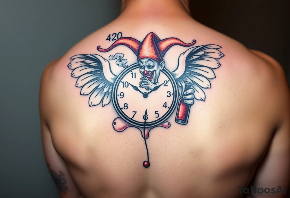 a jester clown floating in smoke with a  clock, the time says 420,  with two open wings besides the clock, smoke as the spring rising from the clock, a jester clown coming out the smoke, smoking in one hand with a liquor bottle on the other hand tattoo idea
