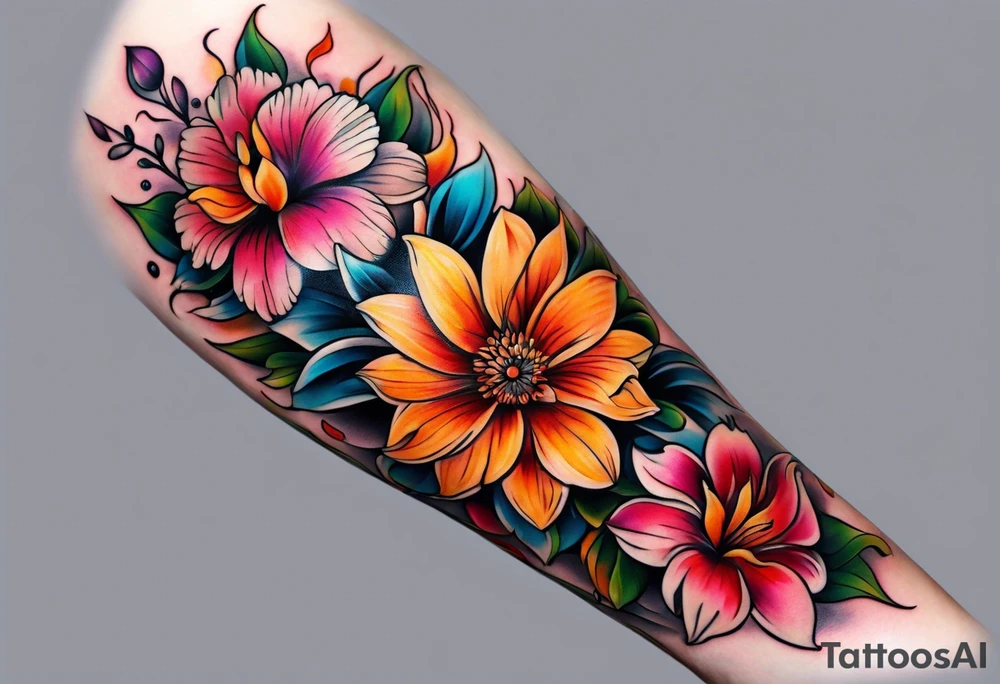 Colorful flower sleeve tattoo idea