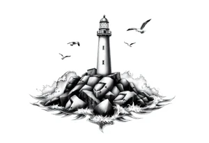 Lighthouse surrounded by a few boulders in the sea with high waves and seagulls flying around tattoo idea