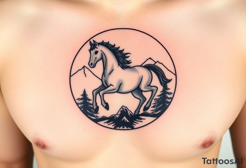 A golden mustang horse with black mane and legs, captured in motion inside a circle. The mountains and nature should frame the design, blending with the horse's black fur as a base to represent the landscape. Experiment with using the black fur to shape the mountains, playing with edges or interior details. tattoo idea