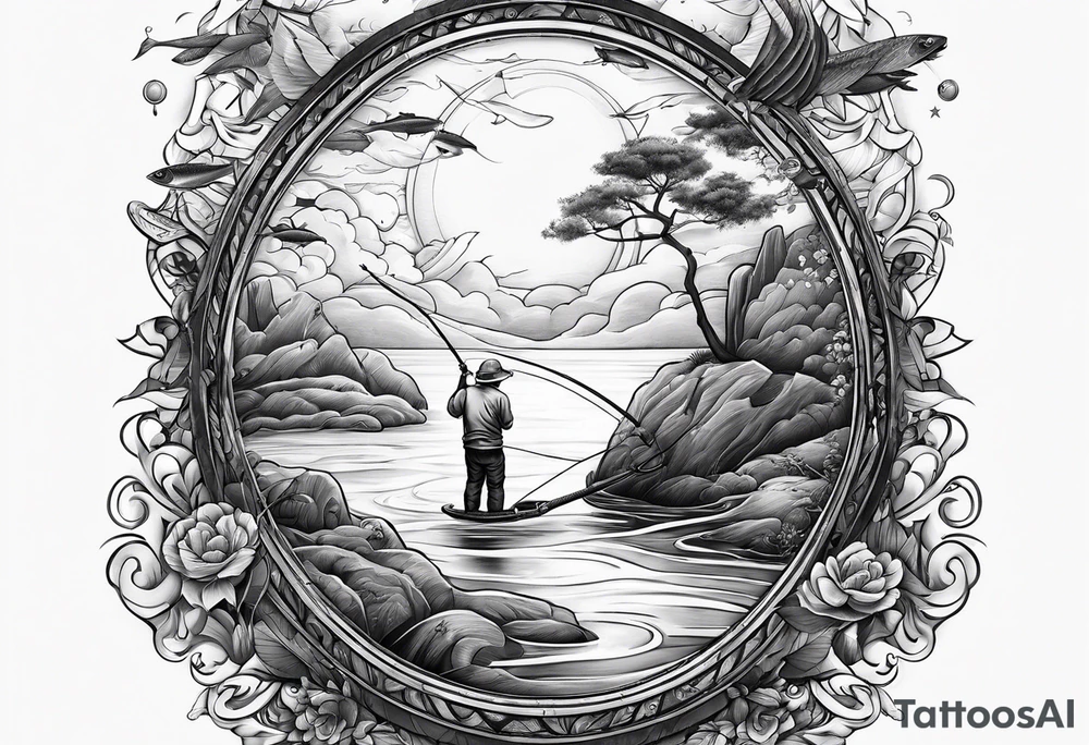 man fishing in heaven tattoo idea