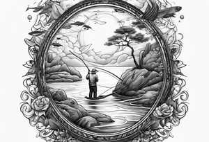 man fishing in heaven tattoo idea