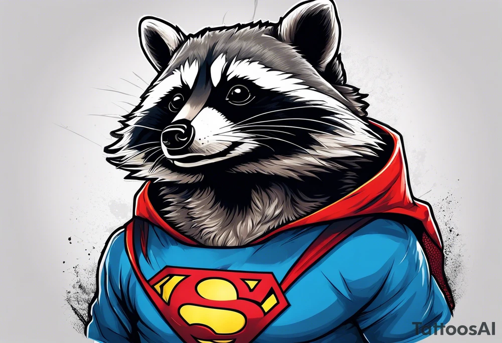 raccoon wearing a Superman hoodie tattoo idea
