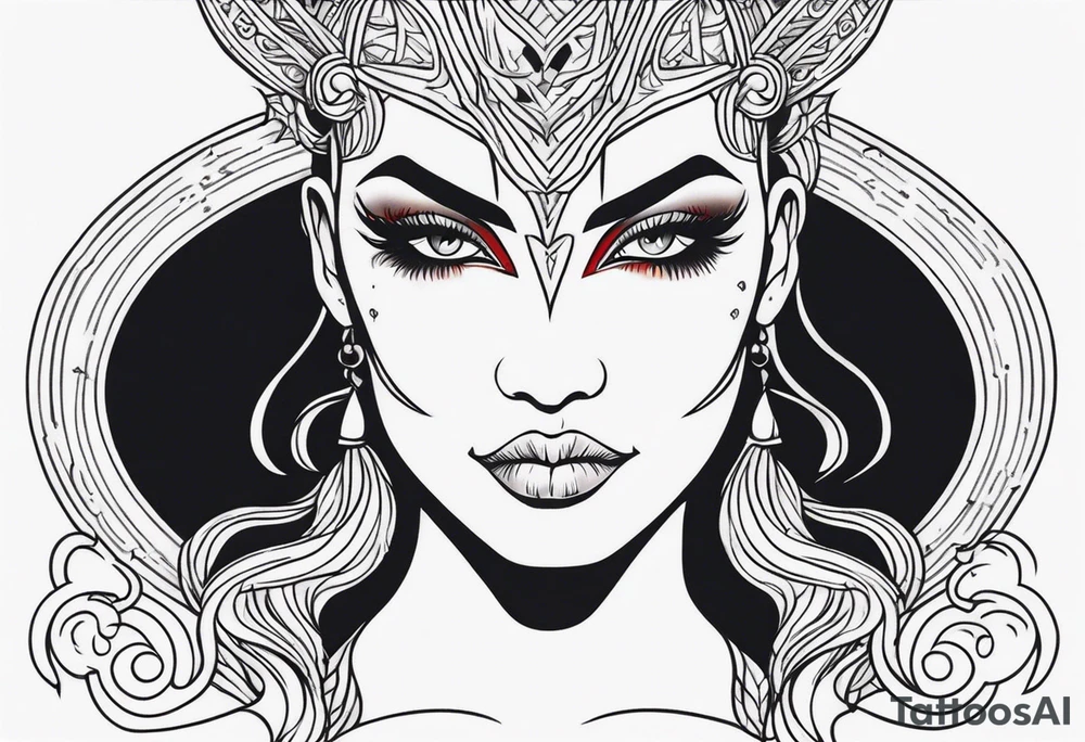 Half devil half woman with blank eyes tattoo idea