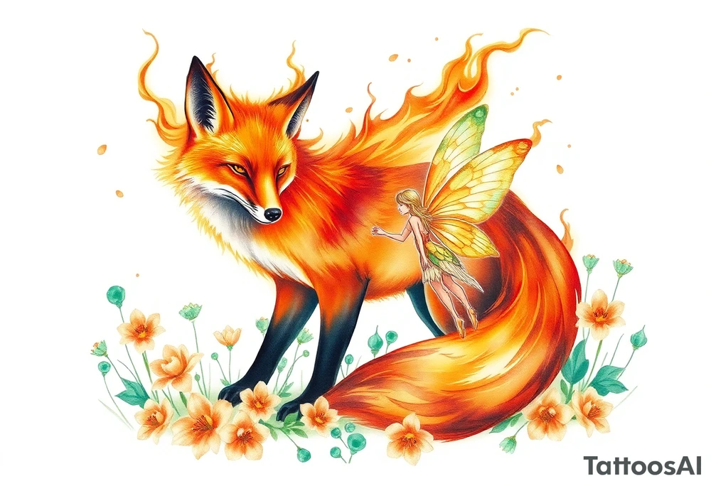 Fox made of fire with a fairy standing close to it  in a field of lillys and emerald jem stones tattoo idea