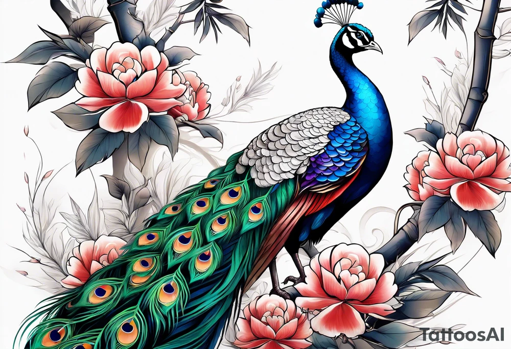 peacock with bamboo and flowers tattoo idea