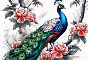 peacock with bamboo and flowers tattoo idea