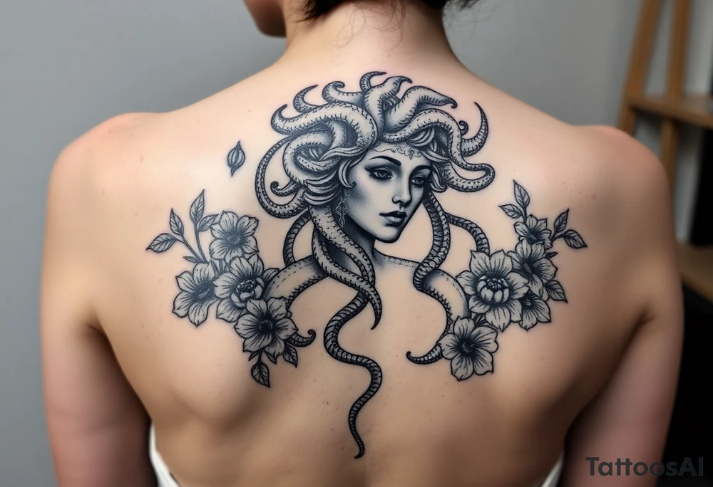 Medusa with snakes and flowers tattoo idea
