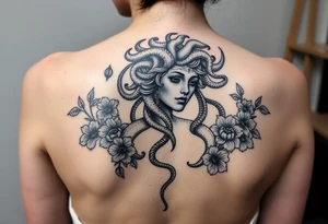 Medusa with snakes and flowers tattoo idea