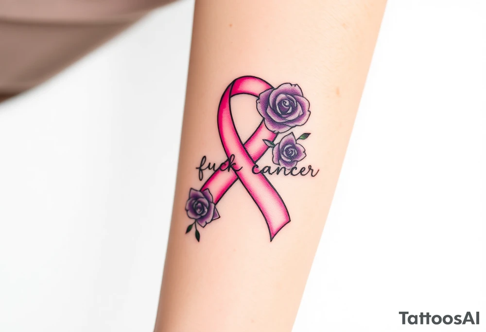 Pretty pink Cancer ribbon that says "fuck cancer"with 3 purple roses tattoo idea