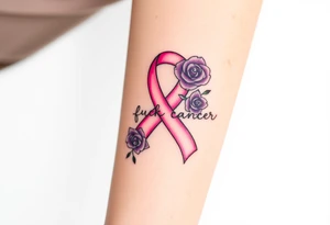 Pretty pink Cancer ribbon that says "fuck cancer"with 3 purple roses tattoo idea