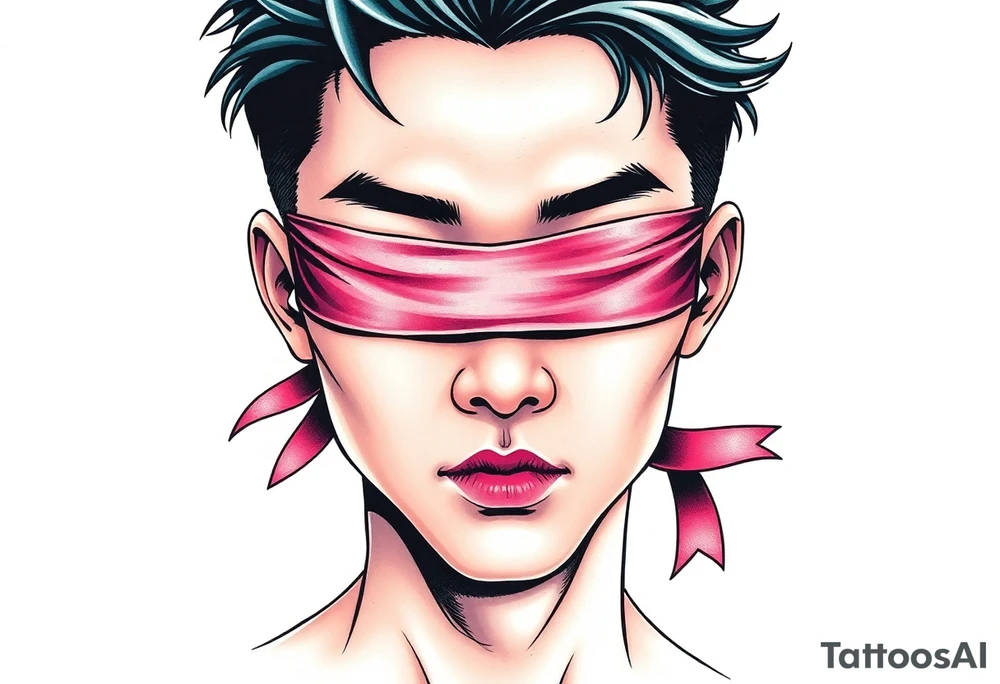 Handsome Asian young guy with 
 eyes covered with a ribbon tattoo idea