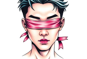 Handsome Asian young guy with 
 eyes covered with a ribbon tattoo idea