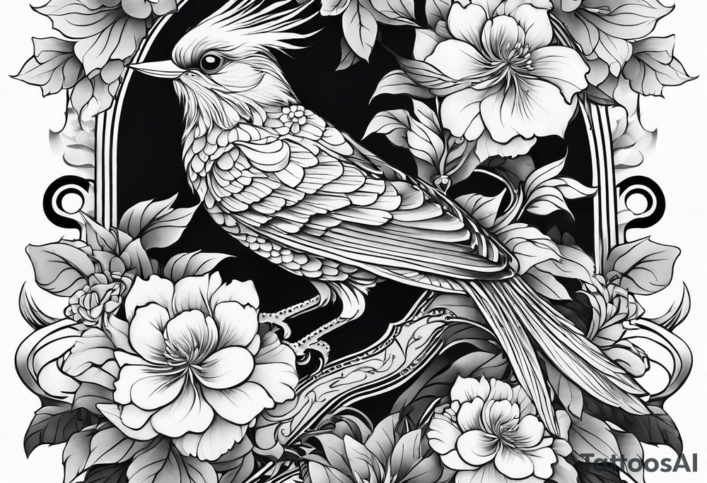 Japanese traditional style
leg sleeve with a bird and flowers tattoo idea