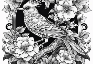 Japanese traditional style
leg sleeve with a bird and flowers tattoo idea