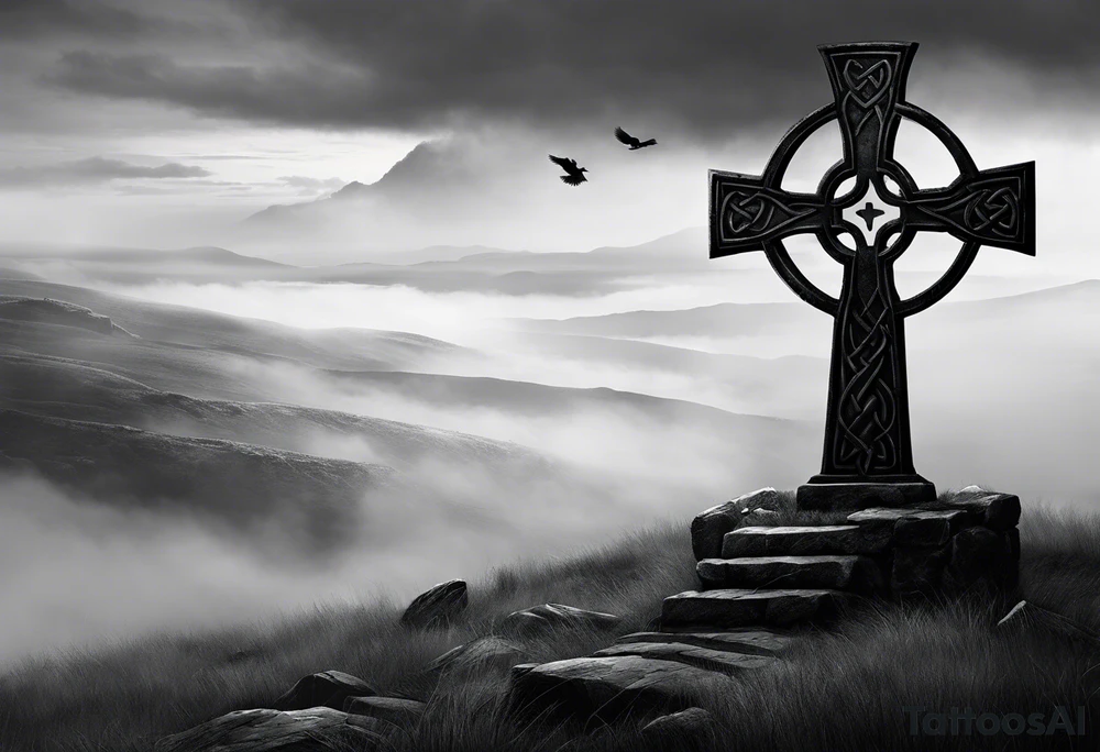 A stone Celtic cross solemnly standing atop a hill, a raven perches atop the cross staring out over the desolation. A ruined stone wall lies crumbling near the cross. Mist rolls along the hilltops adding to the melancholic nature of the scene tattoo idea