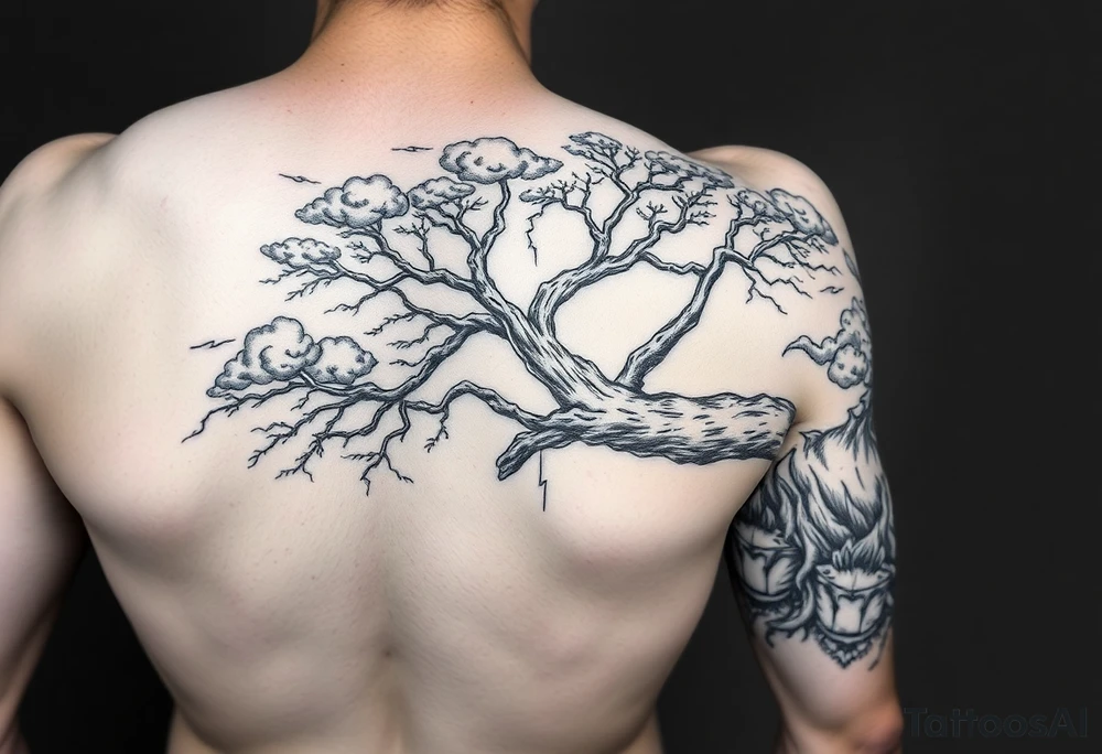 right arm sleeve, giant tree branch made of stone, clouds and lightning mixed throughout, tattoo idea