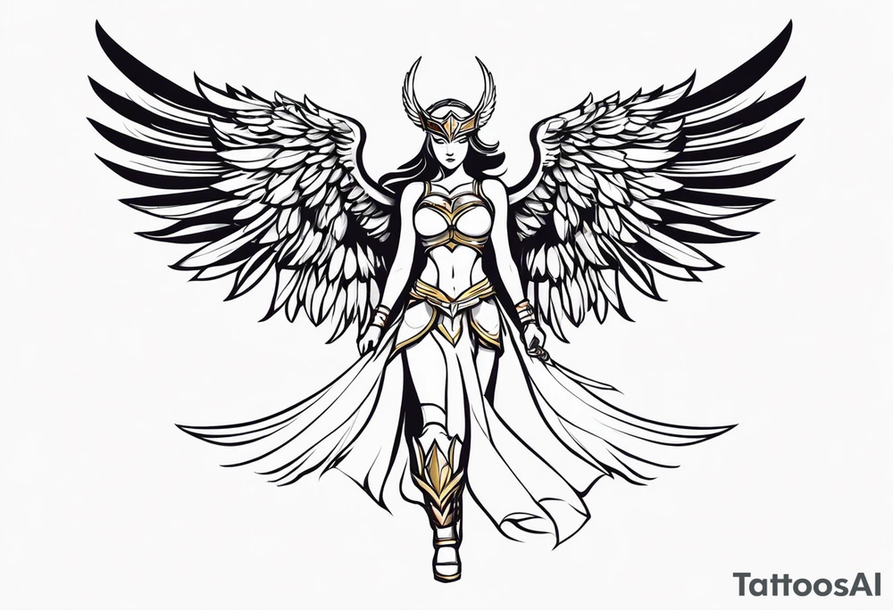 The full body of a Valkyrie with wings tattoo idea
