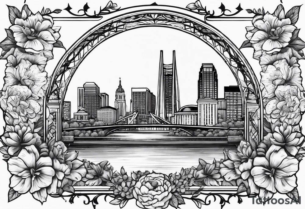 saint louis missouri city skyline over a banner surrounded by flowers with the arch tattoo idea