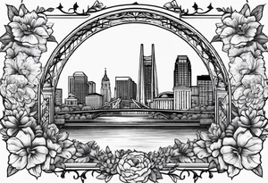 saint louis missouri city skyline over a banner surrounded by flowers with the arch tattoo idea