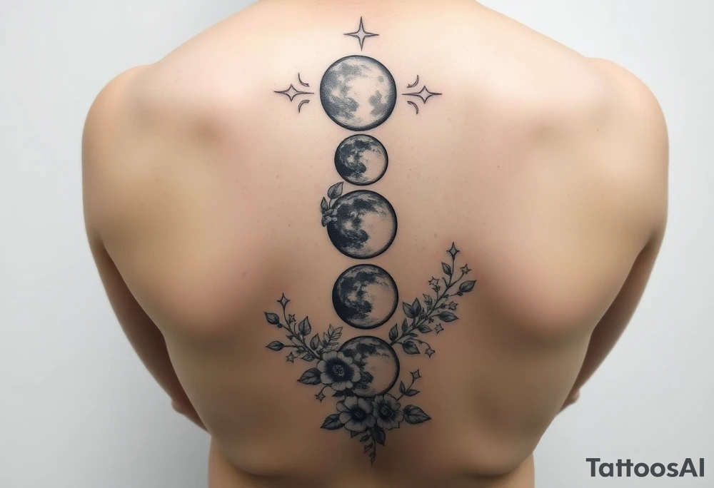 Phases of the moon down the spine details on the moon. With vines and stars and flowers along the sides down beside the phases of the moon tattoo idea