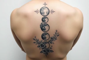 Phases of the moon down the spine details on the moon. With vines and stars and flowers along the sides down beside the phases of the moon tattoo idea