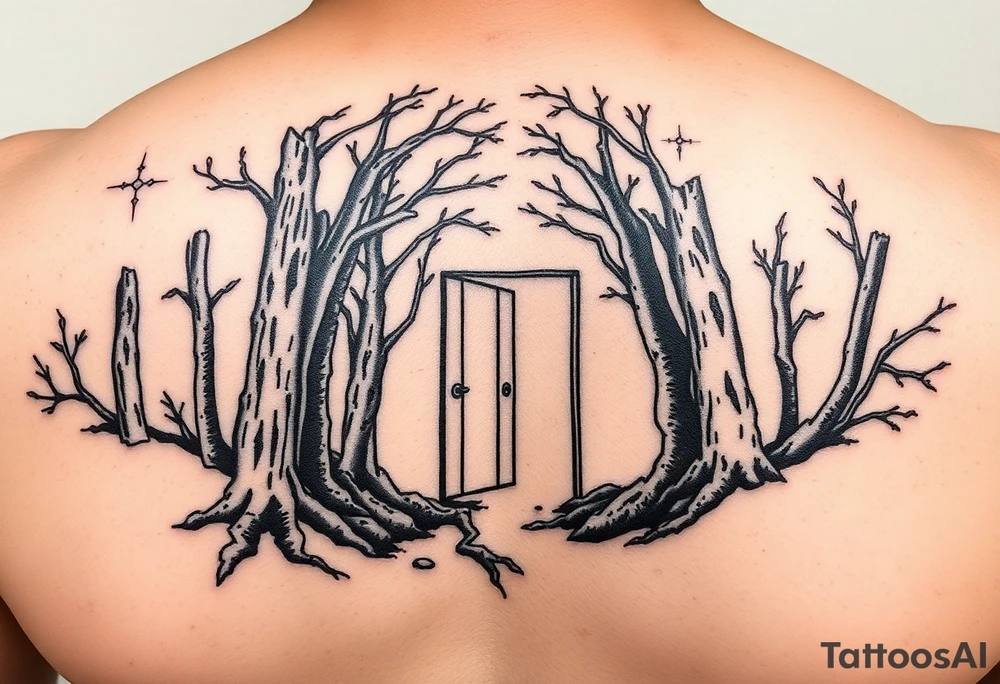A wooded area with a doorway that is slightly ajar, leading to space tattoo idea