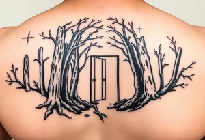 A wooded area with a doorway that is slightly ajar, leading to space tattoo idea