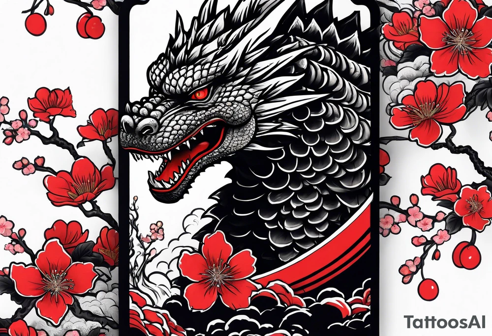 godzilla inspired dragon irezumi arm sleeve in black and red with water and lightning and cherry blossoms tattoo idea