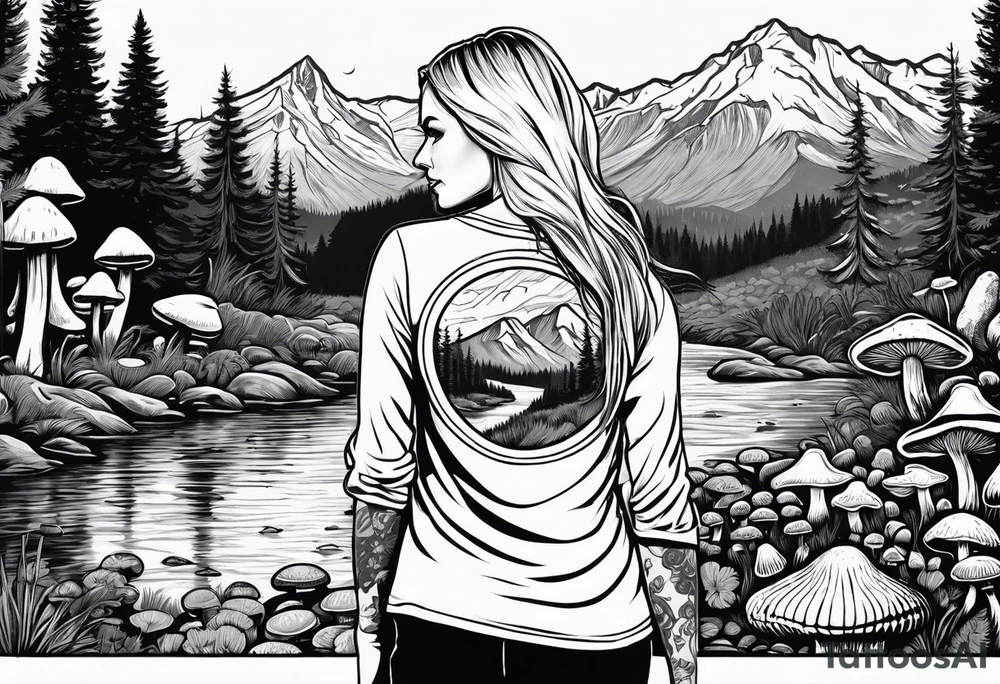 Whole picture encircled fully

Straight long blonde hair hippie girl in distance holding mushrooms in hand facing away toward mountains and creek surrounded by mushrooms long sleeve shirt and hiking pants; whole rendering within a full circle, no cut off circle tattoo idea