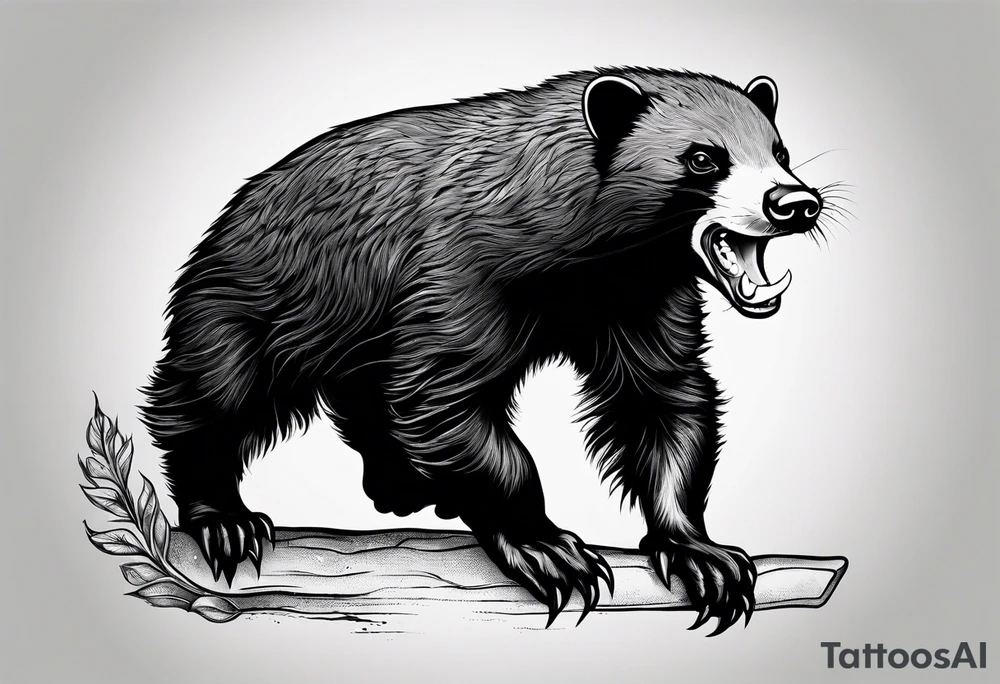 honey badger climbing over, claws near head, gentle face, legs hanging on trying to get over tattoo idea