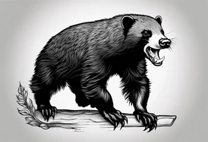 honey badger climbing over, claws near head, gentle face, legs hanging on trying to get over tattoo idea