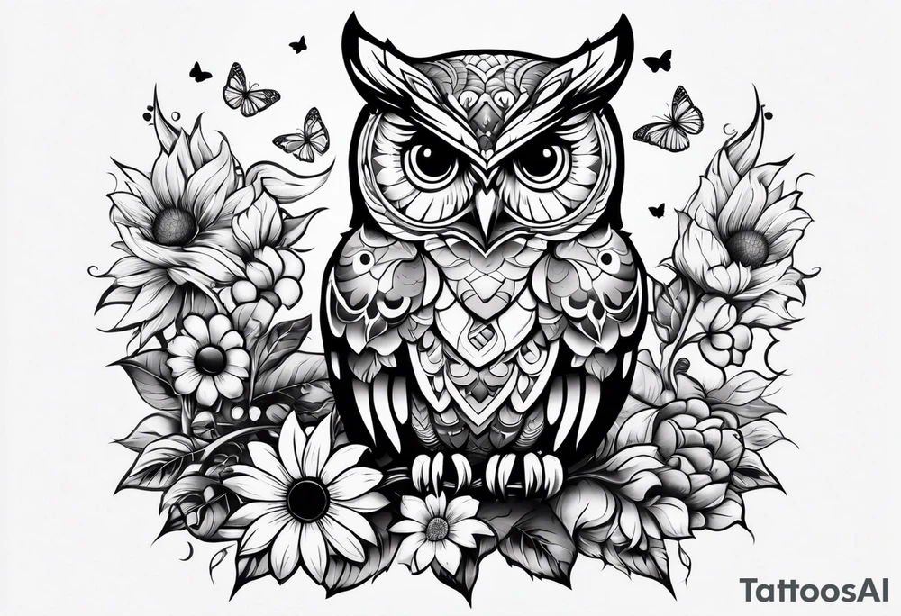 Small owl with butterfly and sunflower leg sleeve tattoo idea
