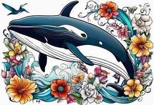 flowers, collage, whale and hummingbird tattoo idea