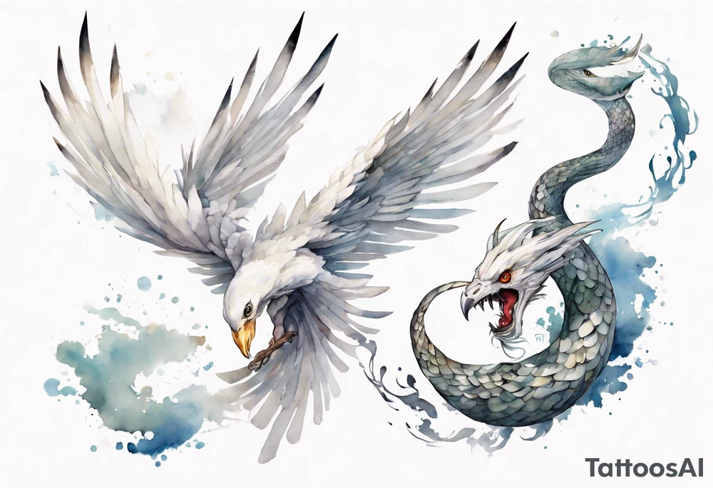 a white bird-serpent hybrid, wearing a pewter crown on its head, flying in the air tattoo idea