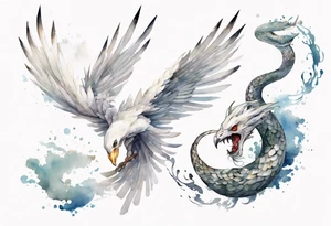 a white bird-serpent hybrid, wearing a pewter crown on its head, flying in the air tattoo idea