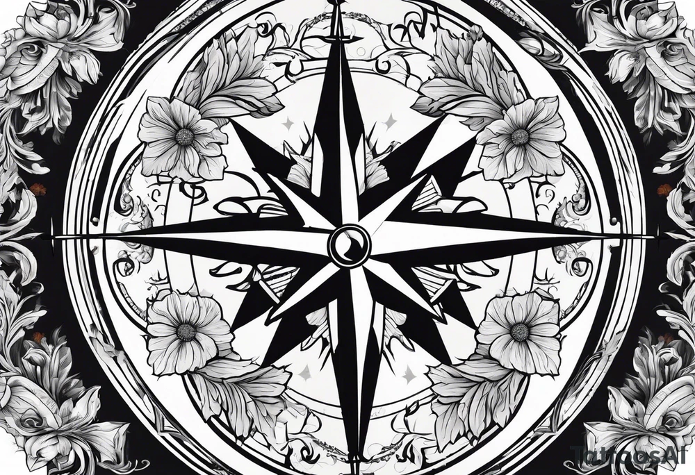 Vintage compass with marigold flower. tattoo idea