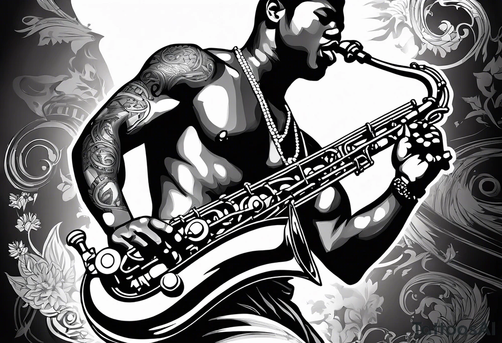 Muay Thai boxer with strong body is playing jazz on a Selmer tenor saxophone in an American jazz club front of a new orleans jazz trio band. The notes are coming out from the saxophone and turning into buddhist symbols. tattoo idea