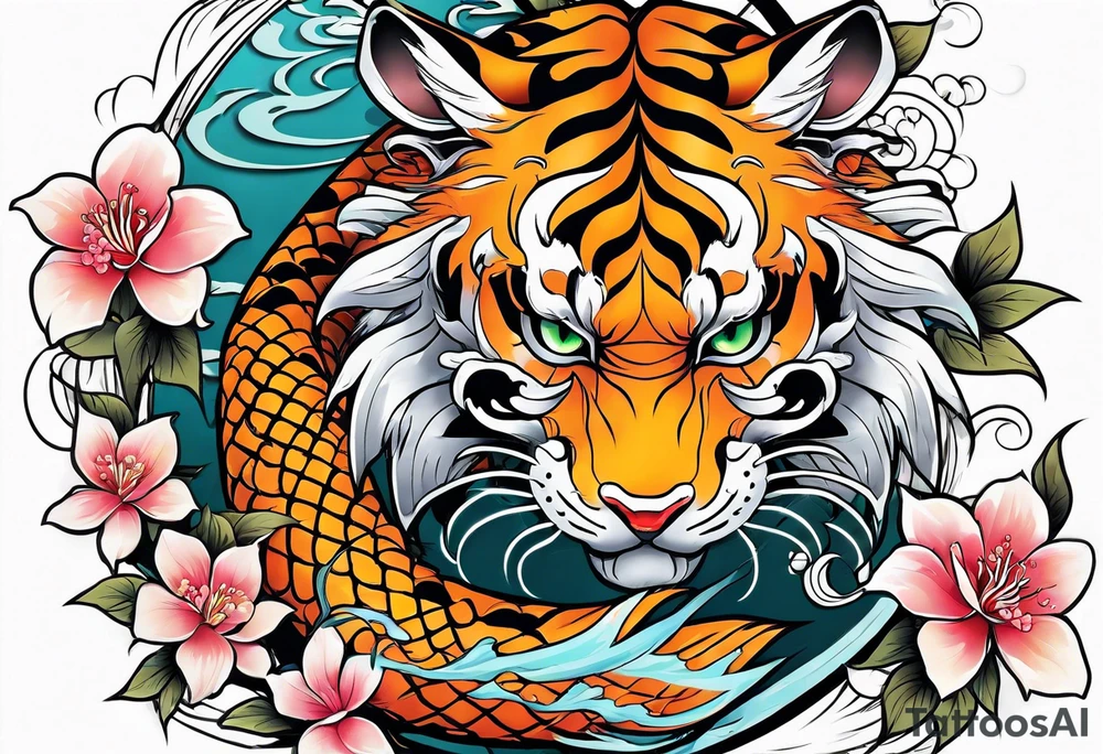 koi tiger dragon chinese cheery blossom tattoo idea