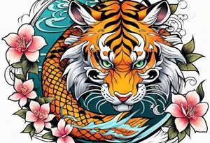 koi tiger dragon chinese cheery blossom tattoo idea