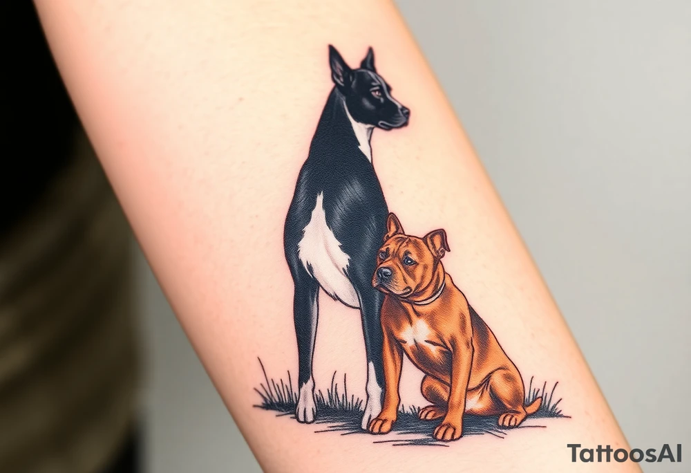 a black merle Australian cattle dog and a tan pitbull standing looking out over into the sunset tattoo idea