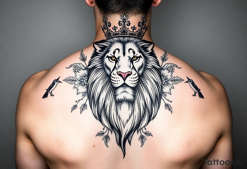 powerful majestic lion with a crown, surrounded by floral ornaments and birds tattoo idea