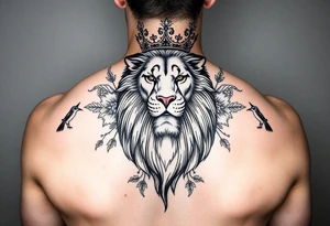 powerful majestic lion with a crown, surrounded by floral ornaments and birds tattoo idea