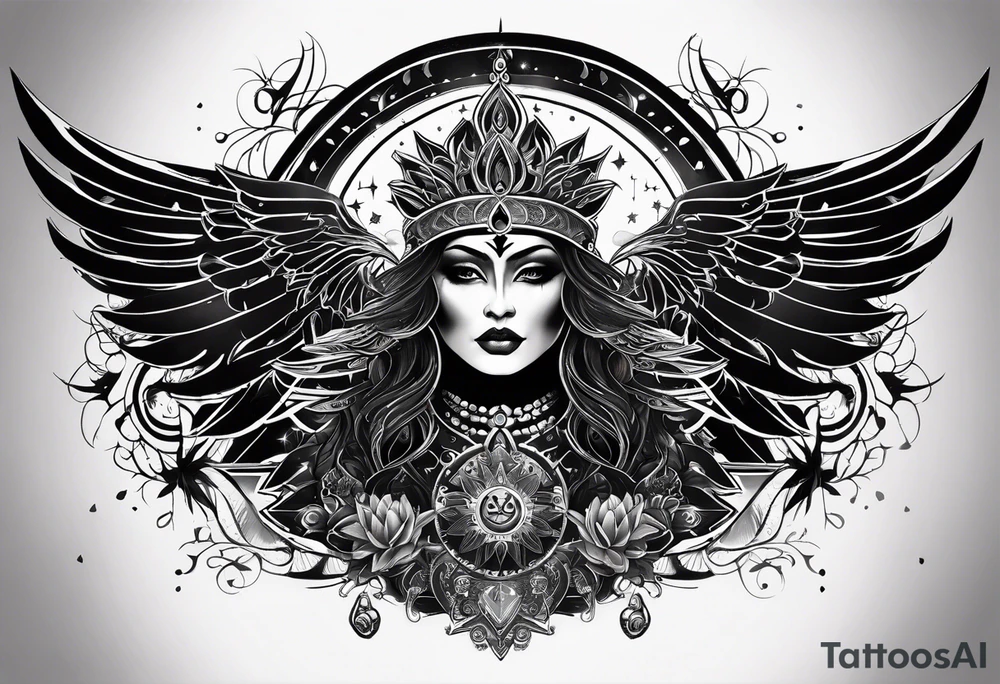 black kali, goddess pirate, alien, pachamama, valkrye, warrior, skull, lotus azul, wing, eagle, zenza resonance, stars, 5D, anahata chakra tattoo idea