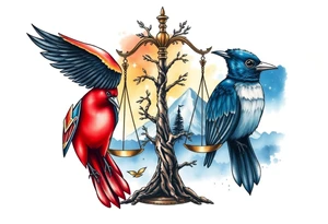 one of the birds red wearing a suit, other bird navy blue with glasses or holding a book, scales of justice built into a tree, starry night painting and mountain background tattoo idea