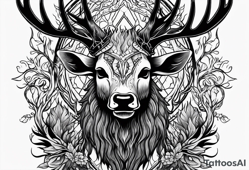 A wendigo with a deer skull head with flames behind in a forest tattoo idea
