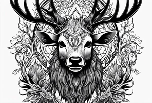 A wendigo with a deer skull head with flames behind in a forest tattoo idea