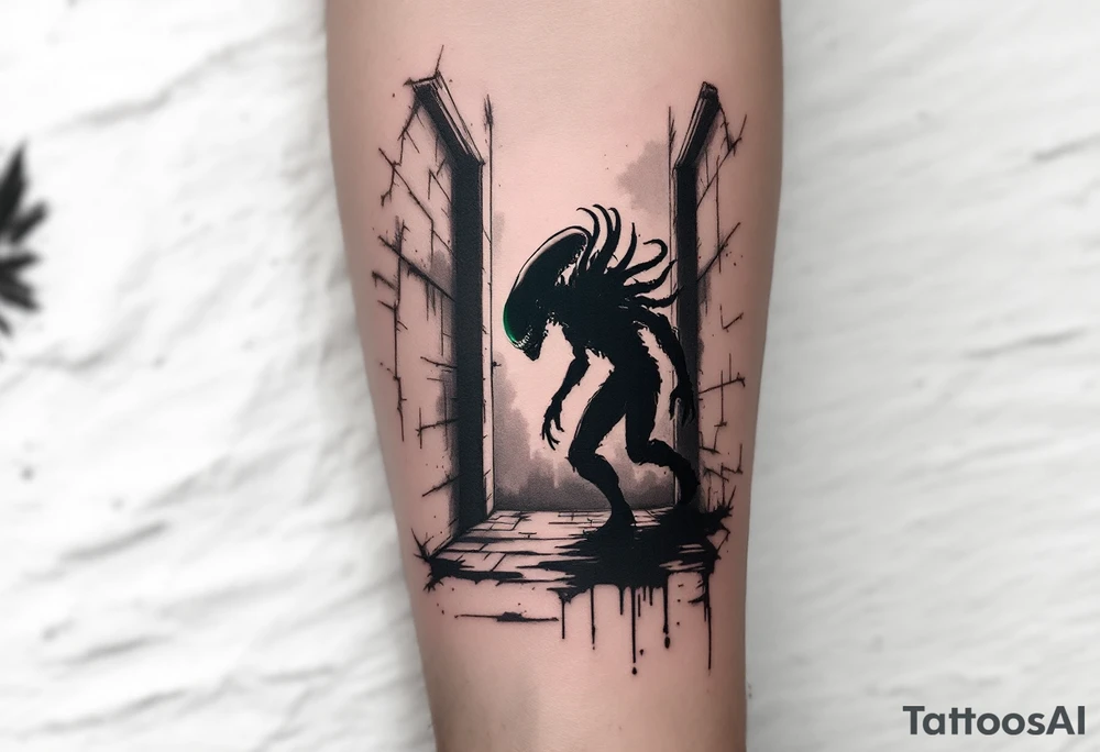 A silhouette of a Xenomorph stalking through a dark hallway, its outline softly illuminated by an eerie green light from above. tattoo idea