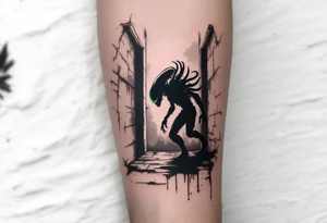 A silhouette of a Xenomorph stalking through a dark hallway, its outline softly illuminated by an eerie green light from above. tattoo idea